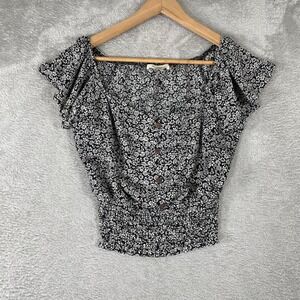 Monteau Blouse Women Small Black Floral Smocked Waist Flutter Sleeve Cottagecore